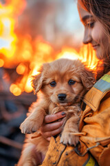 woman Firefighter in fire uniform holding rescued red fluffy puppy dog in his hands against background of blazing fire Pet rescue International Firefighters' Day