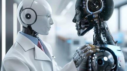 A humanoid robot doctor is talking to a patient.