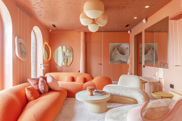 A sleek and sophisticated living room with peach-colored walls and avant-garde furniture pieces