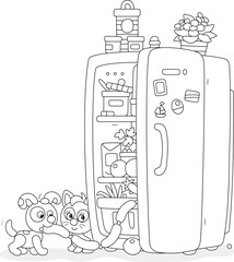 Funny little puppy and kitten gluttons filching very tasty sausages from a fridge with foods in a home kitchen, black and white vector cartoon illustration for a coloring book