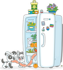 Funny little puppy and kitten gluttons filching very tasty sausages from a fridge with foods in a home kitchen, vector cartoon illustration isolated on a white background