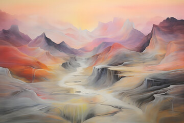 ethereal valley sunrise, abstract landscape art, painting background, wallpaper, generative ai