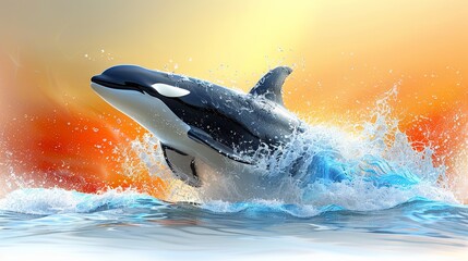 Killer whale jumping out of water with a beautiful sunset in the background.