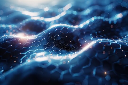 An abstract representation of a digital network structure with glowing hexagonal shapes on a wavy surface - Powered by Adobe