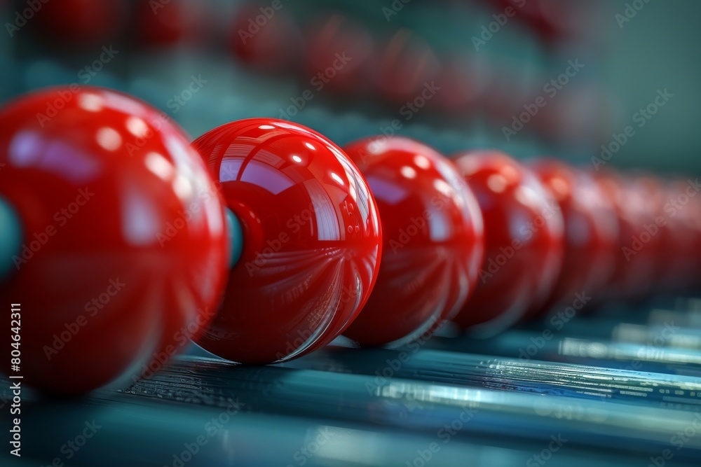 Poster close-up of a row of glossy, red spheres displaying concepts of uniformity and precision