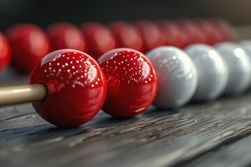A close up of evenly spaced red abacus beads with selective focus on the wooden surface, depicting order and calculation