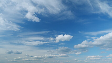 Clouds move in the blue sky. Tropical sky at day time, only white and blue colors. Semi-transparent...
