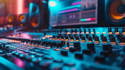 A sound engineer is working at a mixing console in a recording studio.