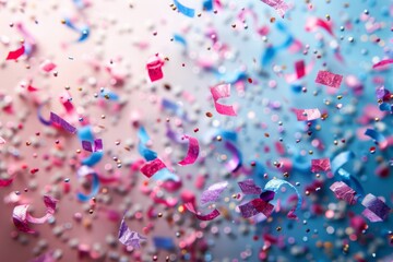 Confetti and streamers on blue background, party and celebration concept