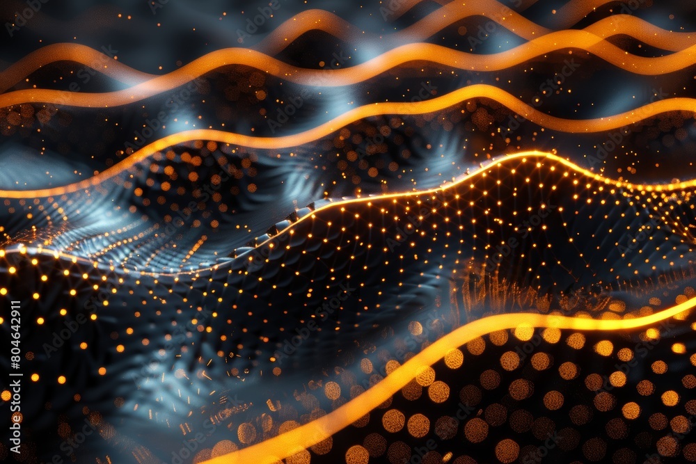 Poster a stunning visual display with golden waves and particles creating a flowing motion representing con