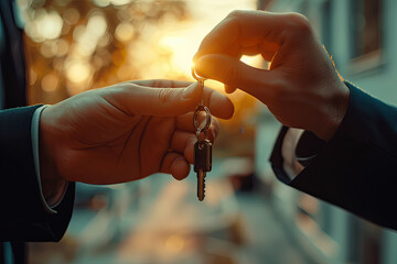 Hand-to-hand, a key exchange unfolds before a golden sunset, signifying new beginnings.