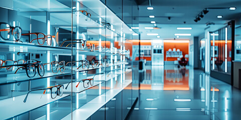 A modern optical shop glowing with stylish spectacles and ambient lighting.