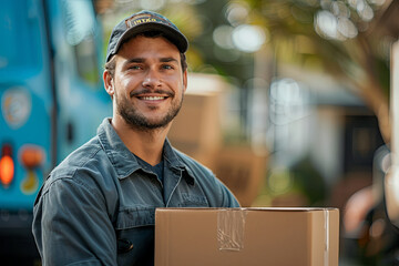 Smiling delivery man holding a package, representing reliable service.