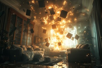 An enchanted living room filled with flying books and a powerful golden energy explosion