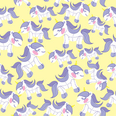 Unicorn . Vector seamless pattern with cute unicorns on yellow background