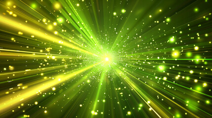Naklejka premium Abstract background with green light rays and yellow glow, representing speed of space time tunnel or energy flash.