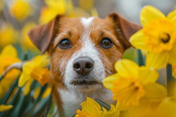 Adorable Dog Peeking Through Vibrant Yellow Daffodils