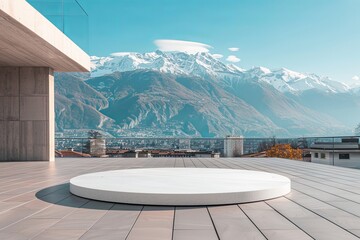 Round empty white podium for product presentation with stunning mountain background