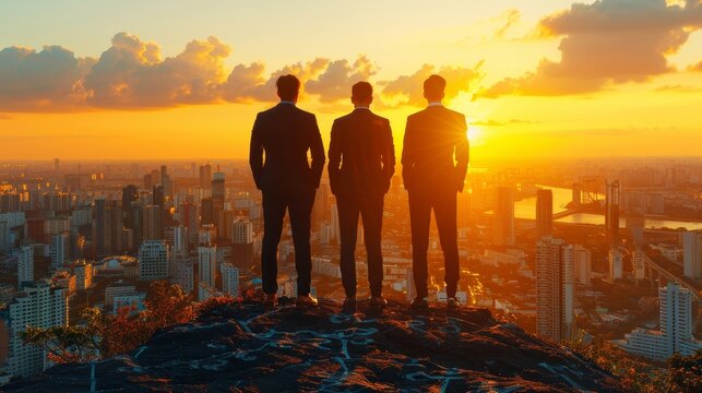 Three businessmen stand on a hilltop, looking out over a city bathed in the glow of a sunset.