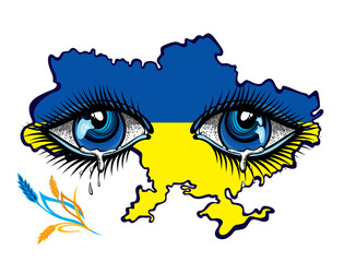 Sad Ukrainian woman eyes is crying.  Support Ukraine. Support for the country during the occupation. Blue yellow colors