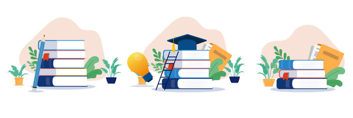 Education illustrations collection - Set of vector graphics with books and educational elements with no people on white background