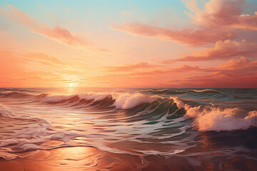 Waves crashing gently on the shore under the warm glow of the evening sky, isolated on solid white background.
