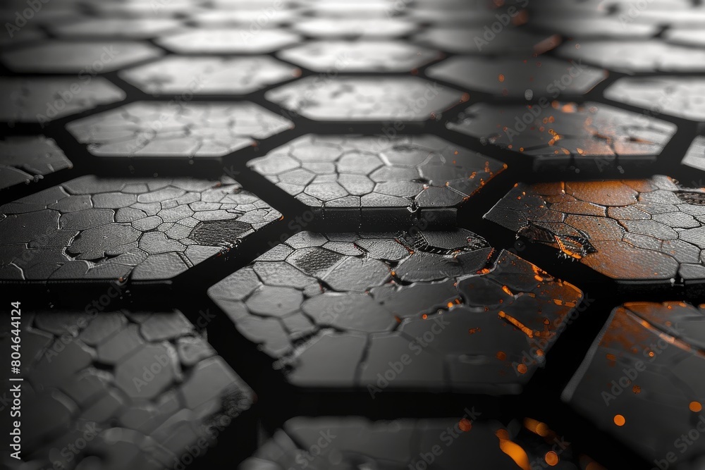 Poster close-up of a dark textured surface with hexagonal patterns and a warm orange glow between the gaps