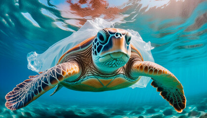 Sea turtle swims covered by plastic, transparent water and pollution, world ocean day.