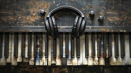 A black piano with headphones on the keys.