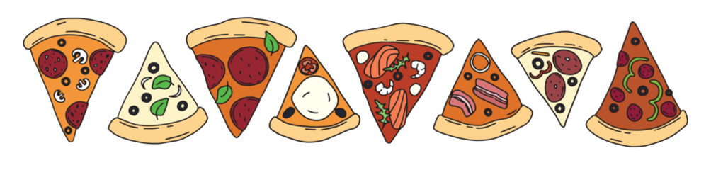  color drawn vector set of different pizza slices