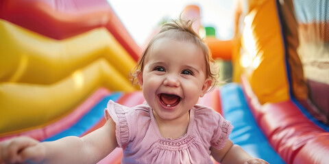 Laughing girl baby having fun on bouncy castle trampoline. Outdoor summer joy.