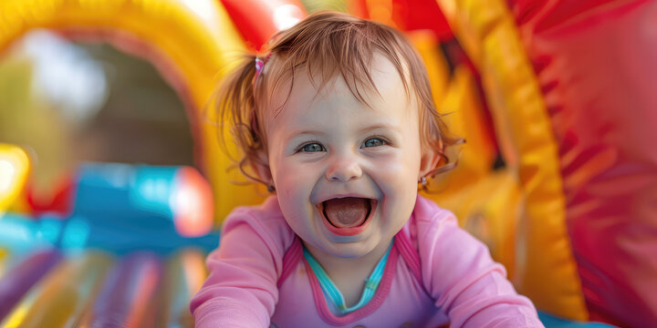 Laughing girl baby having fun on bouncy castle trampoline. Outdoor summer joy.
