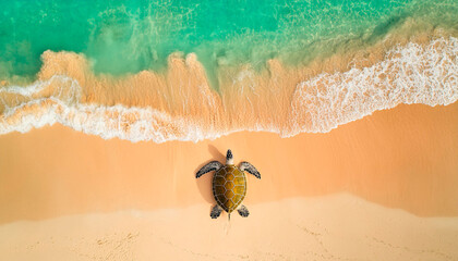 Obraz premium Shot from above sea turtle on golden sand, contrasting turquoise sea, waves