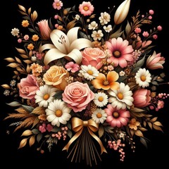 Beautiful bouquet of flowers on a black background. Vector illustration.