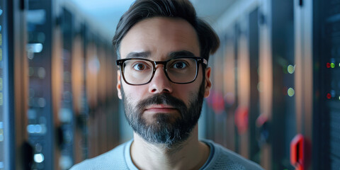 Portrait of technical engineer of system administrator on the background of server room, copy space. Work as an IT technician.