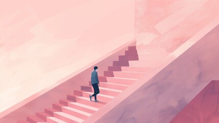 Businessman ascending abstract pink staircase