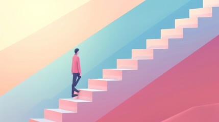 Ascent to success - man climbing abstract staircase