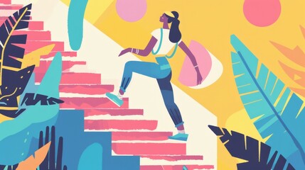 Woman climbing abstract stairs in a colorful landscape