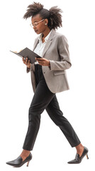 Dynamic Young Black Businesswoman Walking and Reading Her Planner in Office Attire. Full body isolated on transparent background