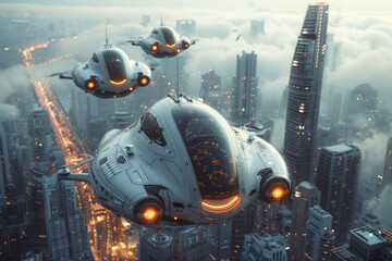 A breathtaking scene with a fleet of spaceships soaring in formation over a city obscured by clouds, in a serene skyscape