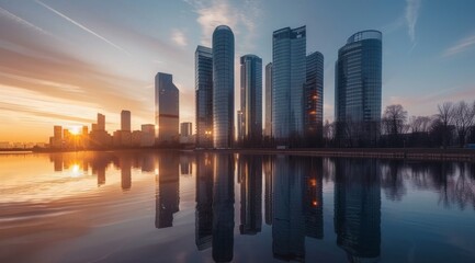 Obraz premium Calm waters reflect a modern city skyline bathed in the warm glow of dawn