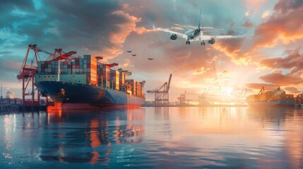 Logistics and transportation of Container Cargo ship and Cargo plane with working crane bridge in shipyard at sunrise,