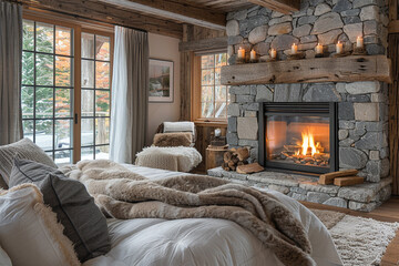 A cozy fireplace adding warmth and charm to a rustic bedroom setting.