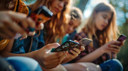 Group of young people engrossed in their smartphones, sitting together in natural light