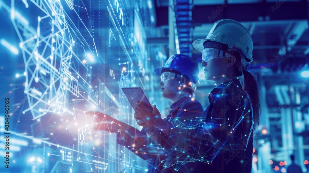 Aufkleber Male and female industrial engineers using tablet computer and blueprints checking and analysis data of power plant station project on network background.