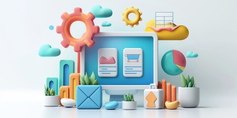 Abstract workspace with digital marketing icons