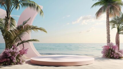 Fototapeta premium Abstract minimal display podium for showing products or cosmetic presentation with summer beach scene. Summer time, holiday concept