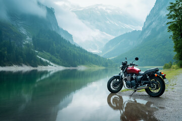 Motorcycle parked by lake with mountains in background. Generative AI