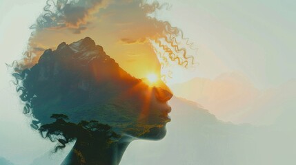 Woman and mountains double exposure at sunset