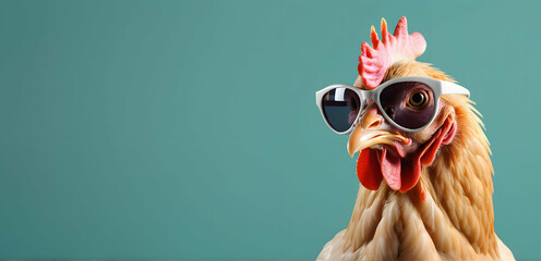 Creative animal concept. Chicken hen in sunglass shade glasses isolated on gradient background, commercial, editorial advertisement, surreal surrealism